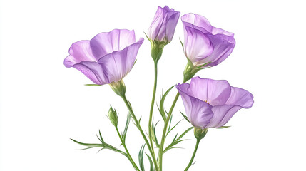 Lisianthus Blooms Art Illustration, Delicate and Elegant Flowers with Soft Petals, Isolated on White Background, Perfect for Botanical Designs, Wedding Themes, and Creative Floral Projects