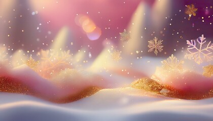 冬の真っ白な雪が積るピンク色と金色の雪の結晶の背景イラスト。aiで生成	