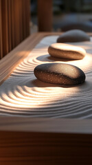A small, intricately designed zen sand garden on a polished wooden surface, lit softly to emphasize the texture of the sand and stones.