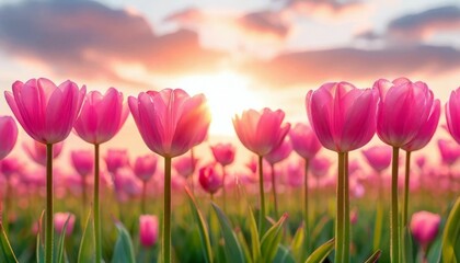 A group of tulips on the background of the rising sun.