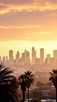 Flying above city skyline with palm trees at sunset, vertical footage