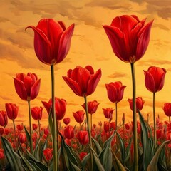 Fototapeta premium tulips , set against a fiery orange background