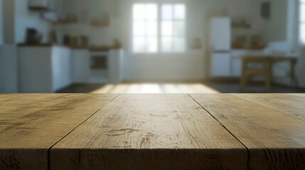 A close-up of a rustic wooden table showcases warm textures, with a softly blurred kitchen background, This image is perfect for culinary blogs, home decor promotions, or online cooking classes,