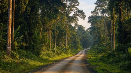Fototapeta premium Serene Jungle Road at Dawn: A Picturesque Journey Through Lush Rainforest