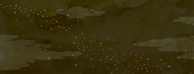 水彩テクスチャによる和紙の黒い背景素材、雲と金粉