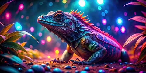 Obraz premium Vintage Digital Lizard Artwork in Retro Style with Neon Colors, Futuristic Elements, and Nature Integration for Unique Home Decor, Tech Aesthetics, and Digital Art Lovers