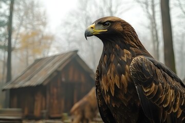 Obraz premium Majestic Eagle Soaring Near Rustic Cabin