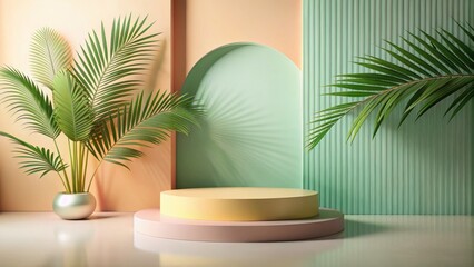 Vintage Style Photography of Round Pastel Podium with Palm Leaf, Abstract Geometric Shapes, Aesthetic Summer Dais Concept, Shadows on Wall for Modern Product Showcase Display