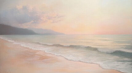 Fototapeta premium A tranquil beach scene with soft waves meeting the shore, bathed in the gentle light of a pastel sunset