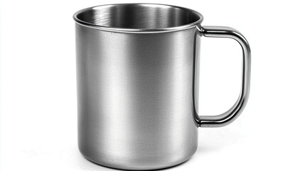 Stainless Steel Mug with Handle, Sleek and Durable Design, Isolated on White Background, Ideal for Outdoor, Camping, and Everyday Use, Minimalistic and Functional Drinkware Concept