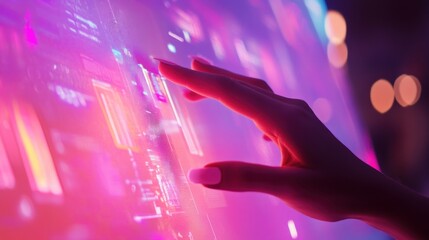 Woman's hand interacts with a vibrant, futuristic digital interface displaying dynamic data and graphs.