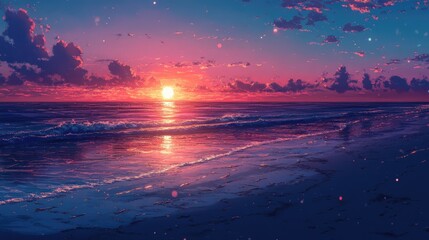 Fototapeta premium A tranquil beach with soft waves and shimmering wet sand reflecting a vibrant sunset, creating a peaceful atmosphere