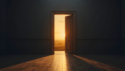 Bright door opening to a golden horizon in a dark room