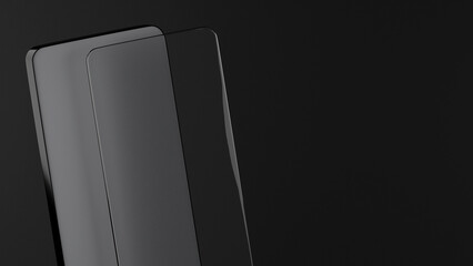 3D model of mobile phone and protective glass on dark background