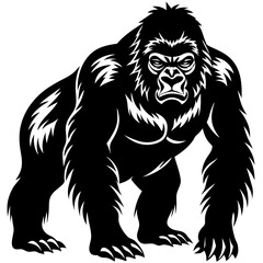 Black and White Gorilla Silhouette with Detailed Fur and Aggressive Pose Vector