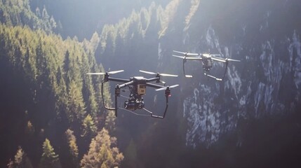 Aerial Photography: Two Drones Soaring Over Majestic Mountainous Landscape