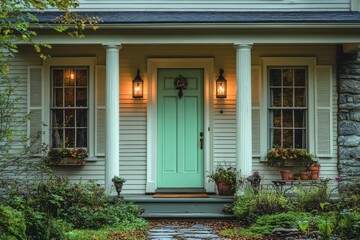 Charming New England Farmhouse Entrance with Tan Siding, Mint Green Door and Stone Path Leading to Porch
