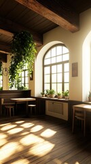 A cozy, sunlit indoor space with wooden beams and plants creates a warm atmosphere ideal for cafes, meetings, or relaxation, Perfect for interior design, hospitality, or home decor themes,