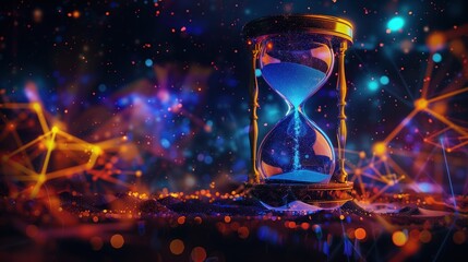 A glowing hourglass in a futuristic environment symbolizes the passage of time and technology. Ideal for themes like innovation, time management, or eternity.