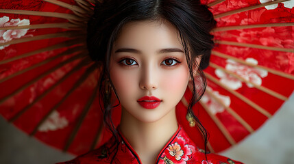 Portrait of a young woman in a red traditional Chinese dress and parasol.