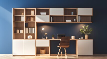Contemporary bookshelf with open and closed storage spaces against a blue accent wall, showcasing functional design for organized learning