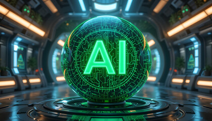 AI Sphere: A glowing green AI logo illuminates a futuristic, sci-fi environment. This captivating 3D rendering evokes themes of technological advancement, artificial intelligence, and innovation.