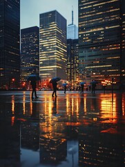 Urban Street Scene with Rain, Umbrellas, and Glowing Lights - made with Generative AI