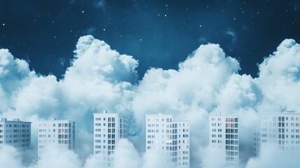Naklejka premium City buildings in clouds at night.