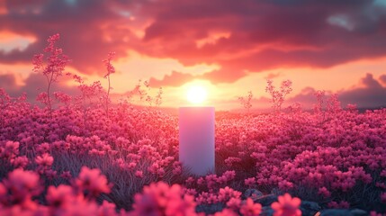 Fototapeta premium Serene Sunset: A Blank Canvas in a Pink Flower Field