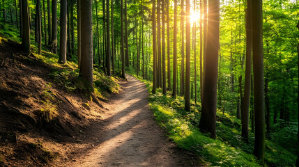 Obraz premium Sunlit forest path winding uphill, scenic nature trail, tranquil woods background, ideal for travel or nature documentaries.