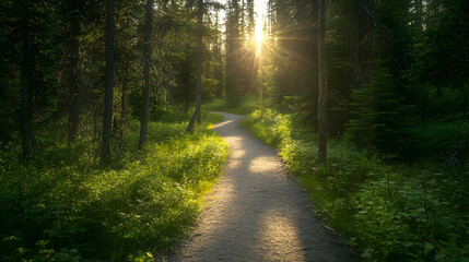 Fototapeta premium Sunlit Forest Trail Winding path through lush greenery, sunburst backdrop, ideal for travel brochures.