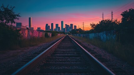 Abandoned Railway Track Winding Through Cityscape at Dusk