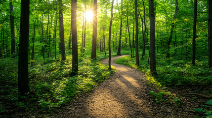 Fototapeta premium Sunlit Forest Trail, Winding Path, Lush Greenery, Peaceful Sunrise, Nature Background, Hiking.