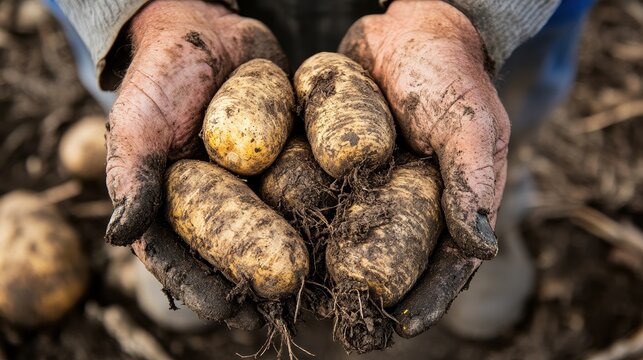 Detailed View of Weathered Hands Cradling Freshly Harvested Potatoes