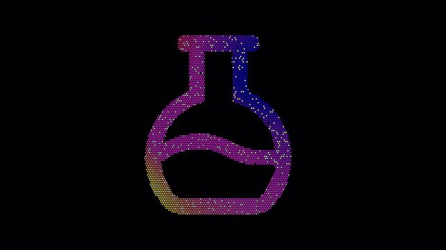 Icon flask potion is made up of LED square shapes that shimmer and flicker. There are black dead diodes. In-Out looped. Alpha BW at the end
