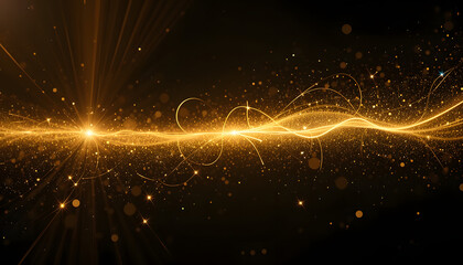 Obraz premium a golden line light with glitter glow abstract effect a golden vertical flare with neon beam sparkle and particle burst background laser string on black background shiny fiber data banner with