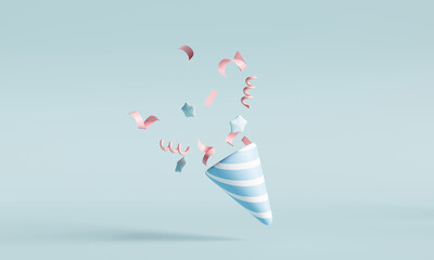 Party popper explosions. Celebration, congratulations, bonus, and jackpot, special gift. 3d rendering	