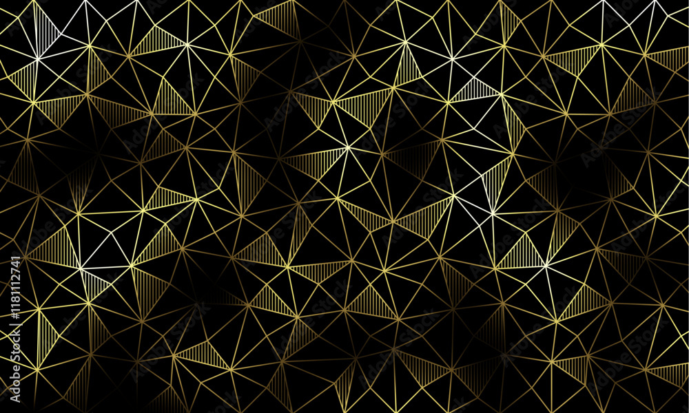 Aufkleber Luxury hexagonal abstract black metal background with golden light lines. Dark 3d geometric texture illustration. Bright grid pattern. Pure black