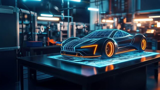 A hologram of an electric hypercar being constructed, showing futuristic technology in 3D Printing and Additive Manufacturing for Automotive advancements