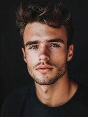 Obraz premium Young male model with tousled hair and striking blue eyes on a dark backdrop, exuding confidence and charm with soft lighting.