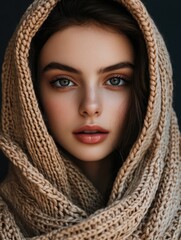 Young woman portrait in knitted headscarf with natural makeup and soft expression against dark background