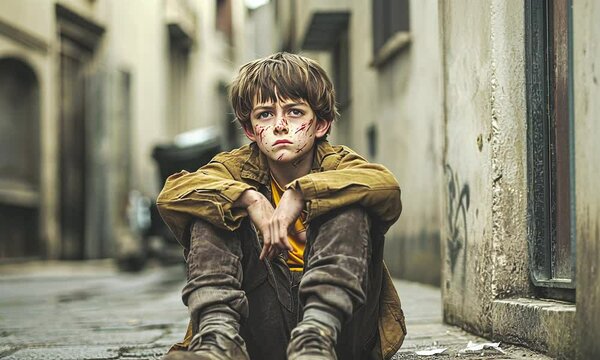 Poor boy on the street.
