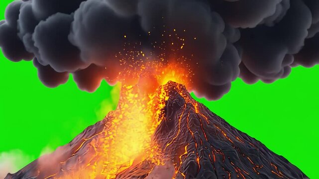 Volcanic Eruption: Fiery spectacle of nature's raw power.  A dramatic 3D render of a volcano erupting with intense lava flows and a billowing cloud of smoke against a vibrant green screen.