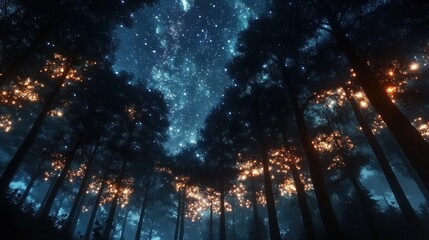 Enchanting night forest with glowing lights and starry sky.