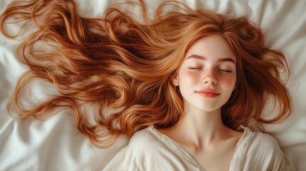 Naklejka premium Young Woman in Soft Pajamas Relaxing on Bed with Flowing Hair