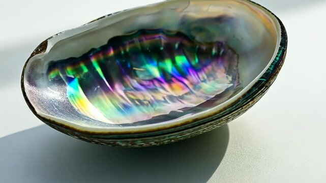 Iridescent abalone shell resting on a light surface showcasing vibrant colors and intricate patterns