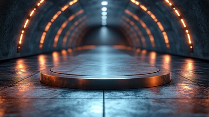 Futuristic Metal Platform in a Neon-Lit Tunnel