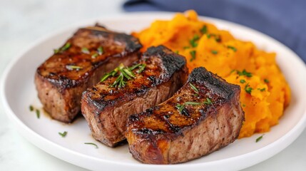 smoked lamb chops with a rosemary glaze, plated with roasted garlic and mashed sweet potatoes
