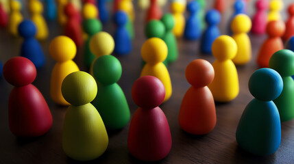 Colorful wooden figures in group arrangement. Perfect for illustrating community diversity and social interaction concepts.