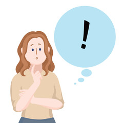 Cartoon people character design banner template exclamation mark with young white woman in a thoughtful pose